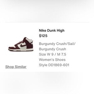 Nike Dunk High Burgandy Crush W 9 / M 7.5